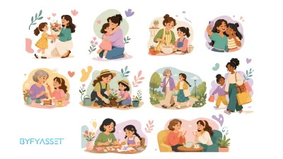 ชุดภาพประกอบสไตล์การ์ตูน สายสัมพันธ์แม่และลูกในกิจกรรมแสนอบอุ่น - 1
